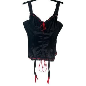 Bang Black Satin Red Ribbon Laced Soft Hook & Eye Bustier Corset Top Size Large